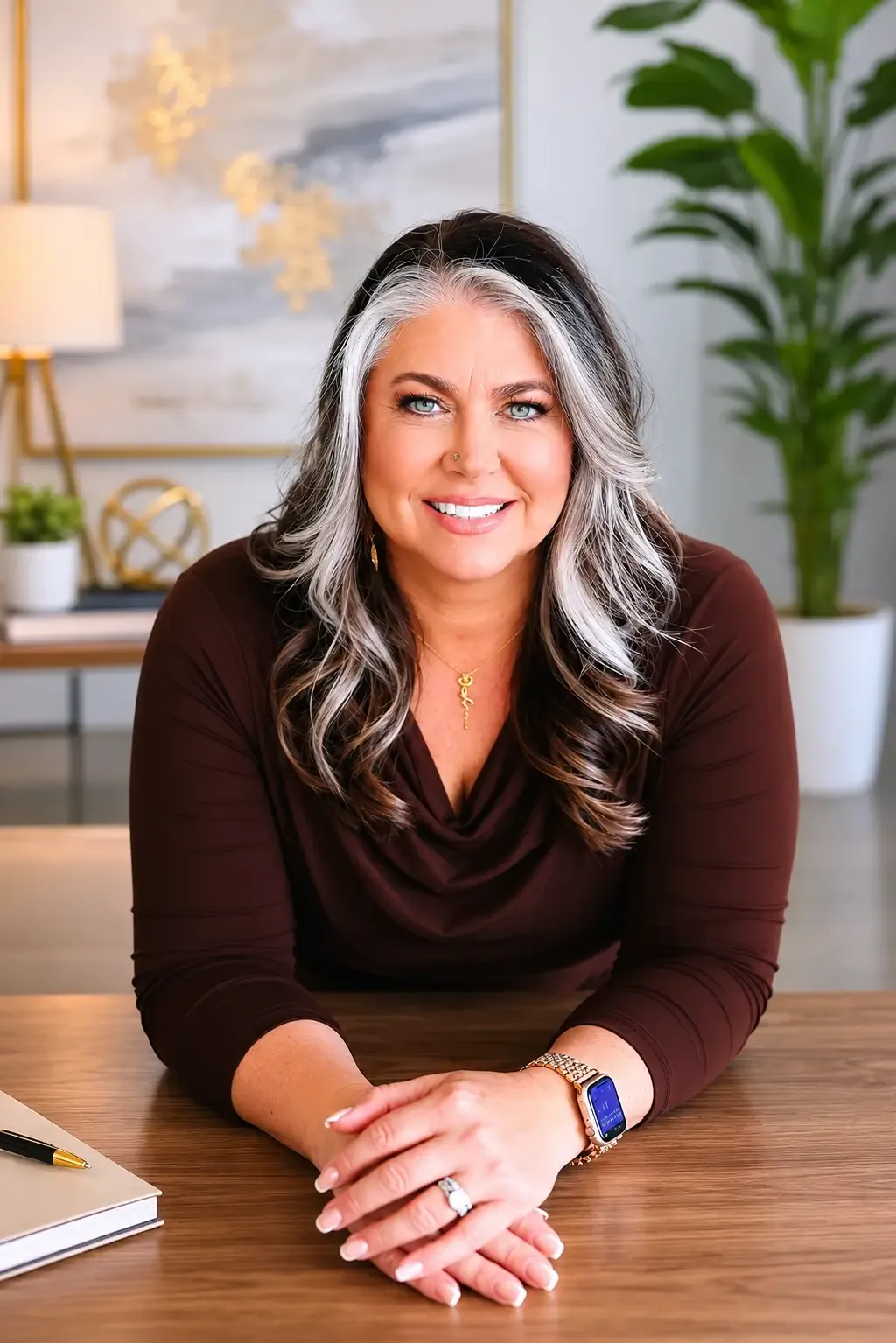 Teresa Lodato smiling at the camera, arms resting on a table